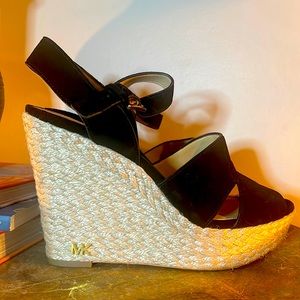 Michael Kors Suede Wedge Black Platform Sandals, Size 7.5